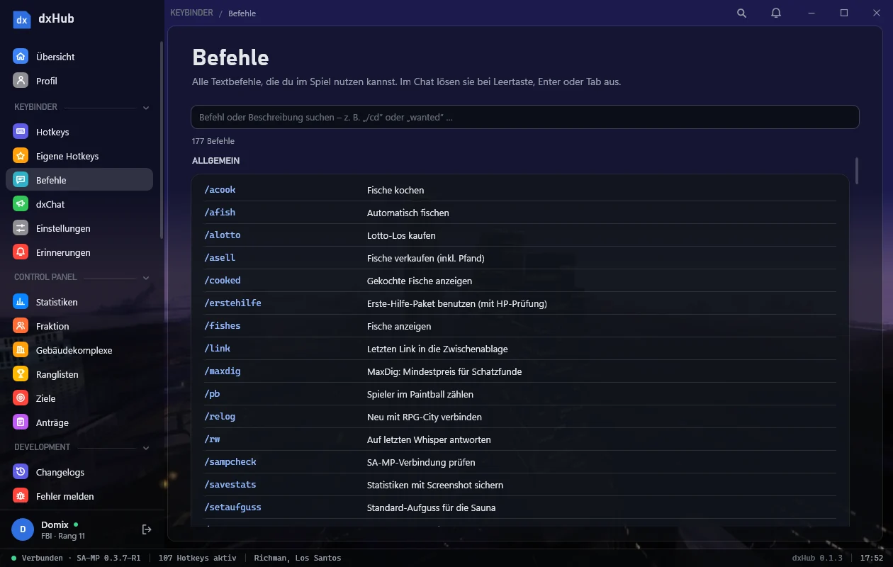 dxHub mit der Befehlsübersicht