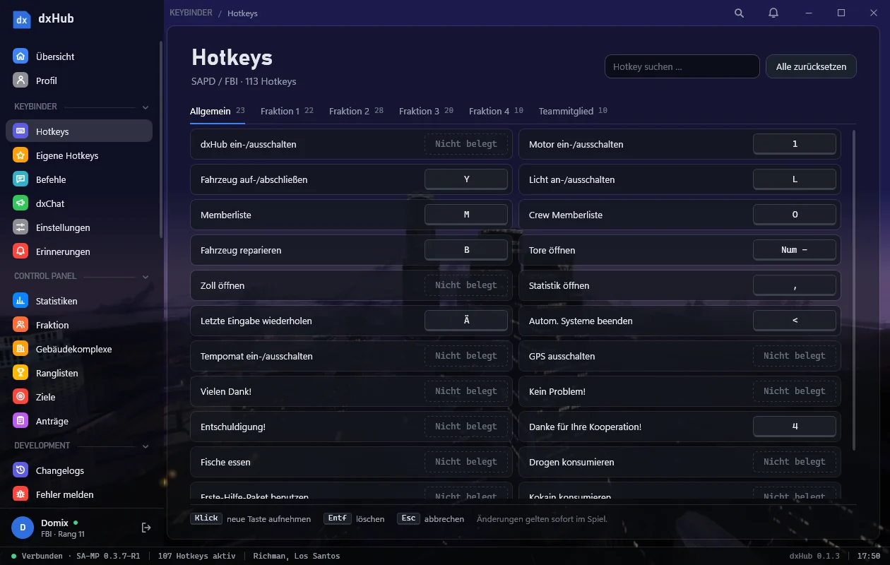 dxHub mit der Hotkey-Übersicht
